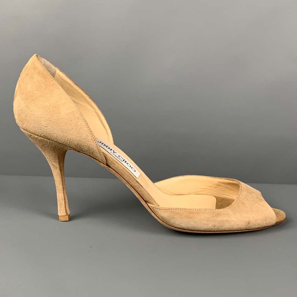 JIMMY CHOO Size 13 Taupe Suede Open Toe Pumps